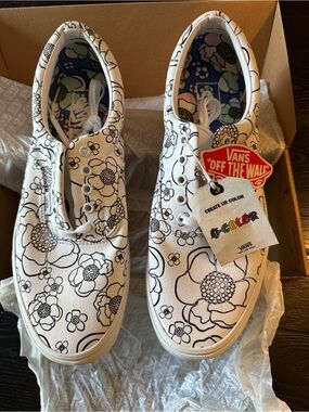 Vans White Canvas Sneakers with Black Floral Outline